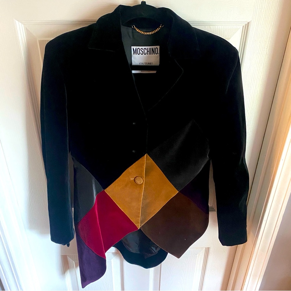 Moschino Couture Vintage Black Multicolored Velvet Patchwork Blazer
